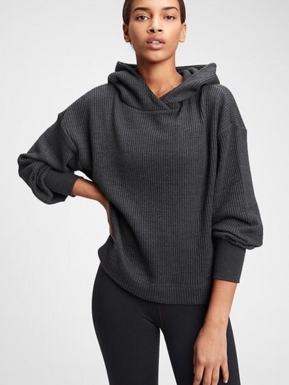 GAP Cozy Charcoal Waffle Pattern Hooded Knit Sweater
